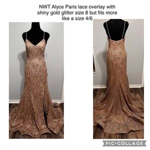 NWT Alyce Paris with gold glittery lace overlay size 4/6
